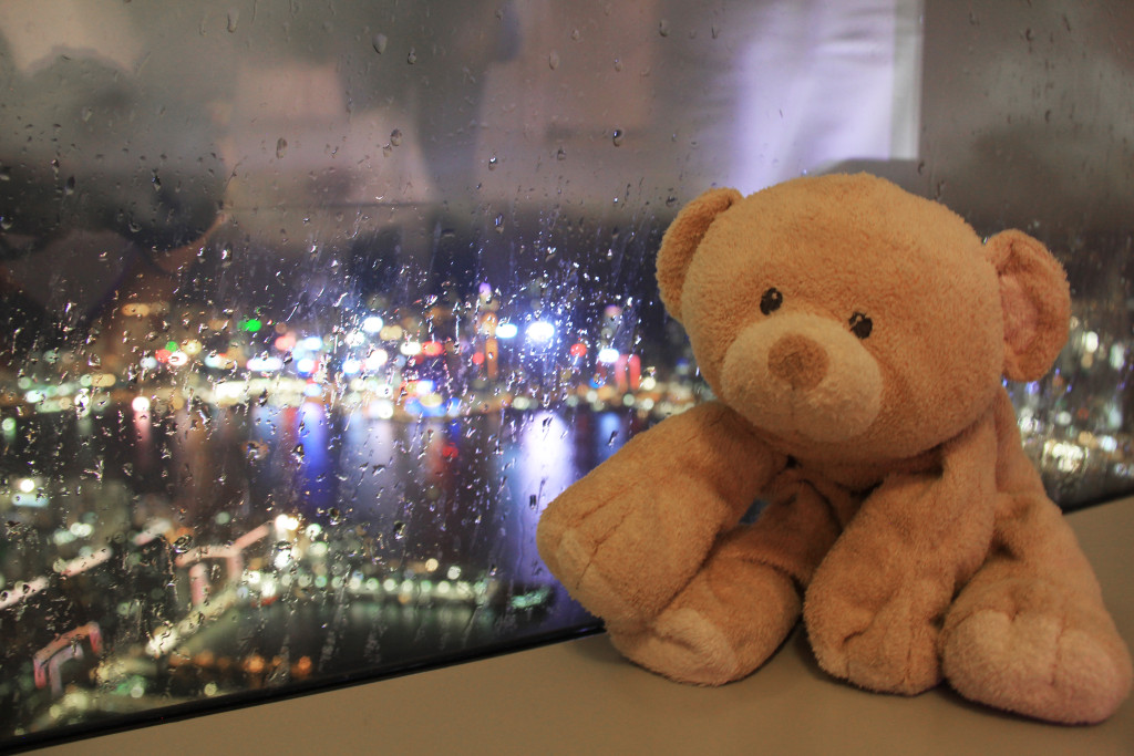 Rainy view of Hong Kong skyline from Sky100.