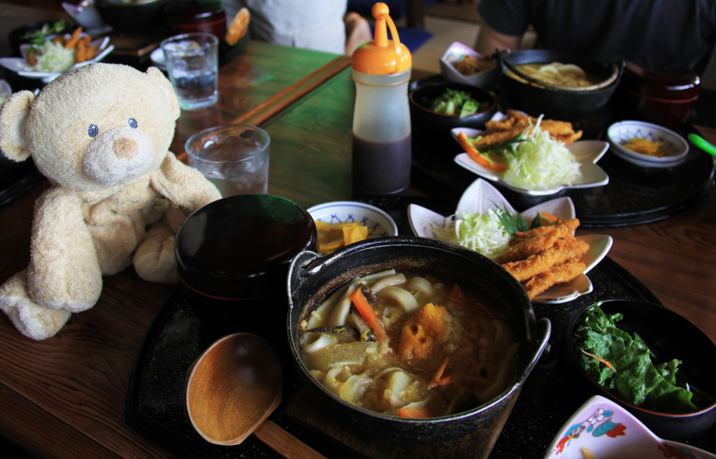 Woody trying houtou, a Fuji specialty.