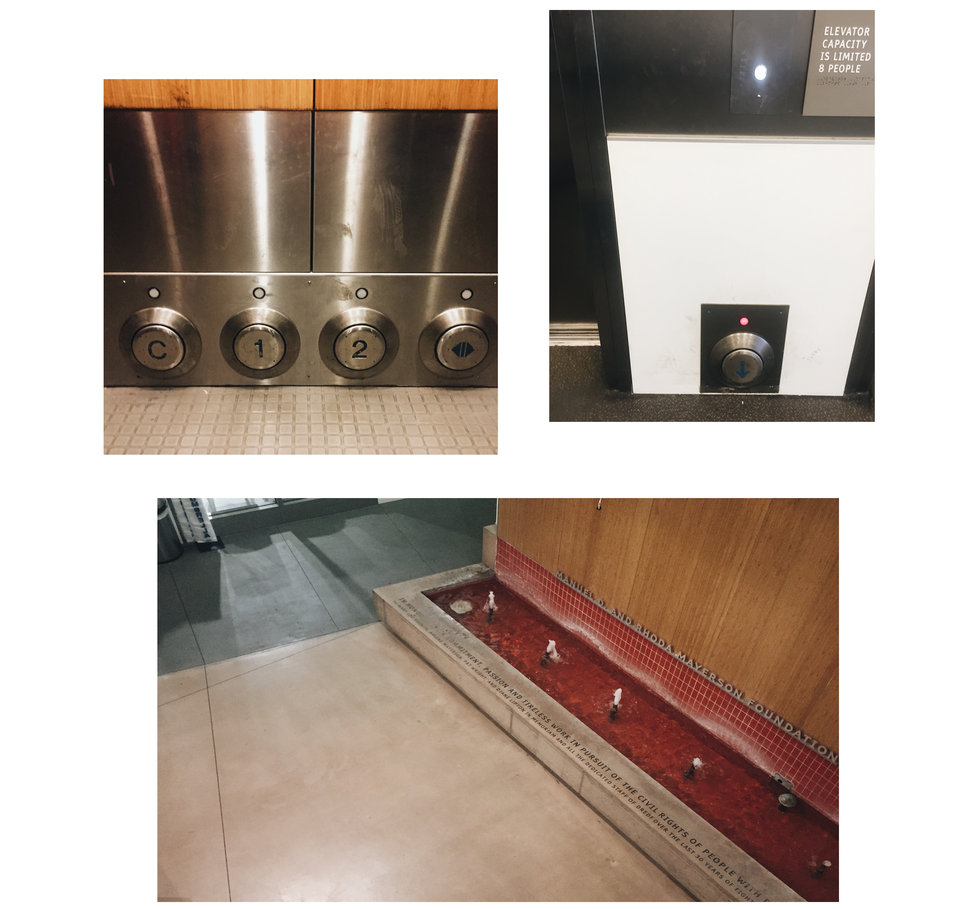 Here are some of the many examples of universal design at the Ed Roberts Campus. In addition to having elevators that can fit more than one wheelchair, the elevators are equipped with buttons close to the floor, so that people with wheelchairs can push the buttons with their wheelchair’s footplate. The fountain above serves as an audible landmark to help people with blindness feel the end of the room