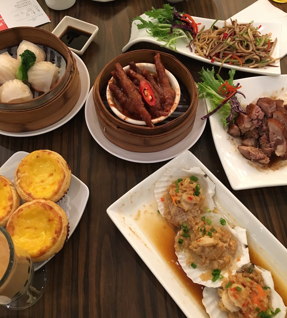 Here we have (from the top left) shrimp dumplings, tofu, chicken feet, roasted duck, egg tart, authentic boba, and clam shells with vermicelli. What a feast!